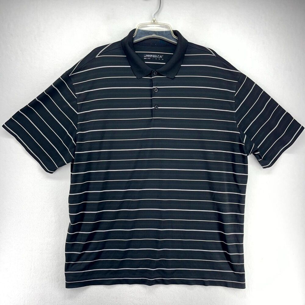 Nike Golf Polo Shirt XXL Black White Striped Dri-FIT Short Sleeve Polyester